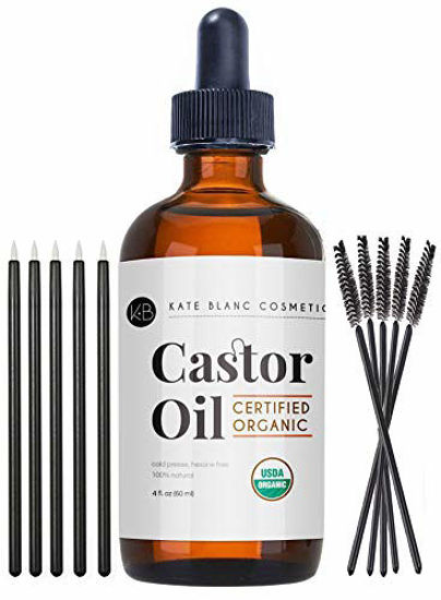 Picture of Castor Oil (4oz), USDA Certified Organic, 100% Pure, Cold Pressed, Hexane Free by Kate Blanc. Stimulate Growth for Eyelashes, Eyebrows, Hair. Skin Moisturizer & Oil Cleanse. FREE Starter Kit