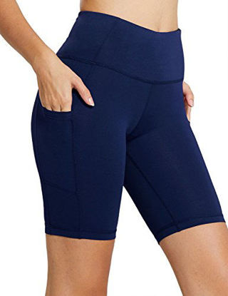 Picture of BALEAF Women's 8" High Waist Biker Workout Yoga Running Compression Exercise Shorts Side Pockets Navy Blue Size XS