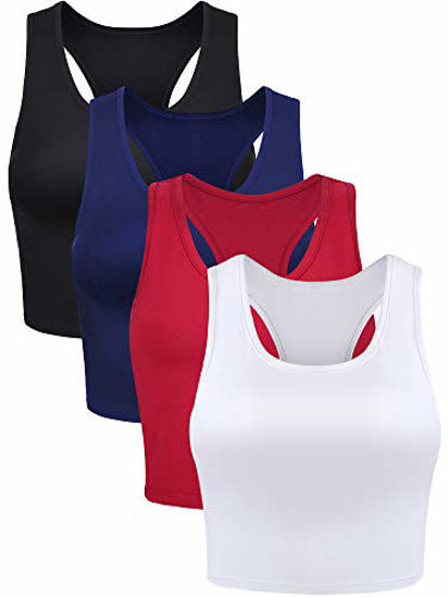 GetUSCart- 4 Pieces Basic Crop Tank Tops Sleeveless Racerback Crop Sport  Cotton Top for Women (Black, White, Wine Red, Navy Blue, Small)