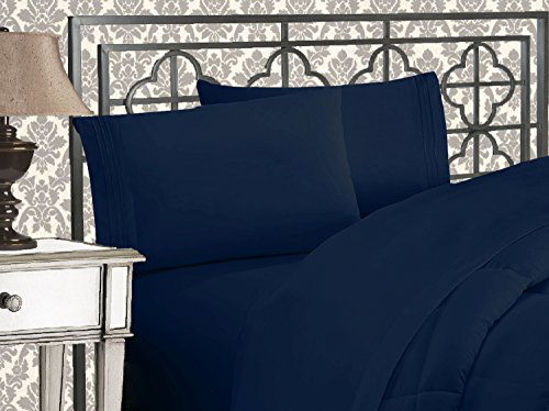 Picture of Elegant Comfort Luxurious 1500 Thread Count Egyptian Three Line Embroidered Softest Premium Hotel Quality 4-Piece Bed Sheet Set, Wrinkle and Fade Resistant, Full, Navy Blue (81RW-3Line-Full-Navy)