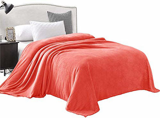 Picture of Exclusivo Mezcla King Size Flannel Fleece Velvet Plush Bed Blanket as Bedspread/Coverlet/Bed Cover (90" x 104", Coral) - Soft, Lightweight, Warm and Cozy