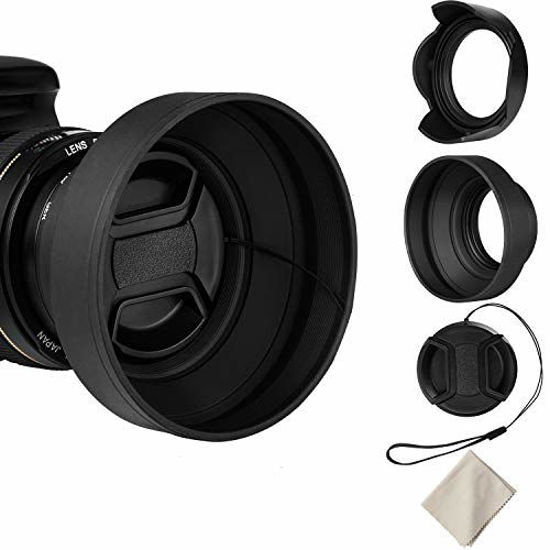 Picture of Veatree 52mm Lens Hood Set, Collapsible Rubber Lens Hood with Filter Thread + Reversible Tulip Flower Lens Hood + Center Pinch Lens Cap + Microfiber Lens Cleaning Cloth