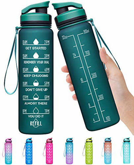 Picture of Elvira 32oz Large Water Bottle with Motivational Time Marker & Removable Strainer,Fast Flow BPA Free Non-Toxic for Fitness, Gym and Outdoor Sports-Blackish Green