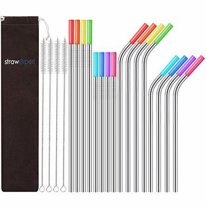 Picture of StrawExpert Set of 16 Reusable Stainless Steel Straws with Travel Case Cleaning Brush Silicone Tips Eco Friendly Extra Long Metal Straws Drinking for 20 24 30 oz Tumbler