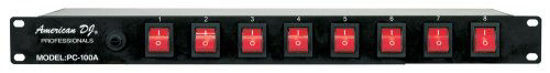 Picture of American DJ 8 channel AC power strip with 15 amp breaker and 8 on/off toggle switches. 19 inch rack mountable