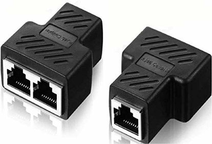 Picture of RJ45 Ethernet Splitter Connector Adapter, 2Pack 1 to 2 Ethernet Splitter 8P8C Socket Extender to Connect to LAN Network Adapter, for Cat5 5e, Cat6, Cat7,Black