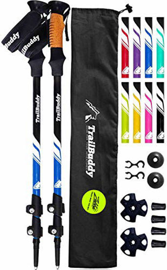 Picture of TrailBuddy Lightweight Trekking Poles - 2-pc Pack Adjustable Hiking or Walking Sticks - Strong Aircraft Aluminum - Quick Adjust Flip-Lock - Cork Grip, Padded Strap (Lake Blue)