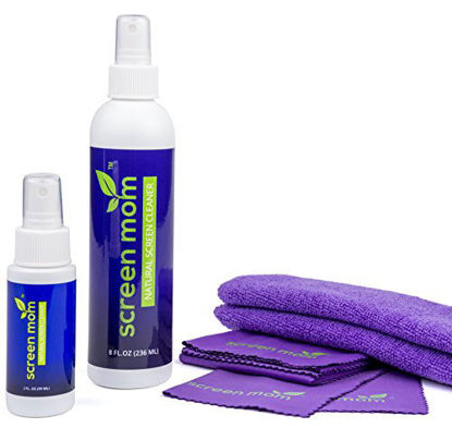 Picture of Screen Mom Screen Cleaner Home & Away Bundle - Designed for LED, LCD, Plasma, TV, iPad, Laptop, Computer Monitor, Tablets, Phones, & Eyeglasses - Includes 8oz & 2oz Bottle with 4 Microfiber Cloths
