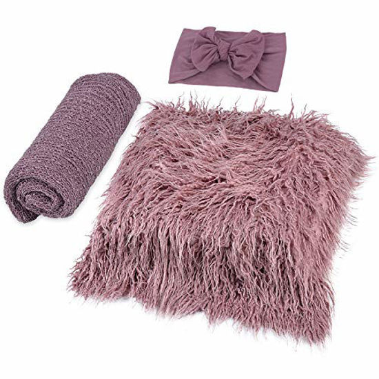 Picture of Newborn Photography Props, Fascigirl 3PCS Toddler Photo Blankets Wrap and Headband Long Hair Photography Wrap Shaggy Area Rug Photo Prop Multi-Purpose Swaddle Wrap Photography Mat for Babies (Purple)