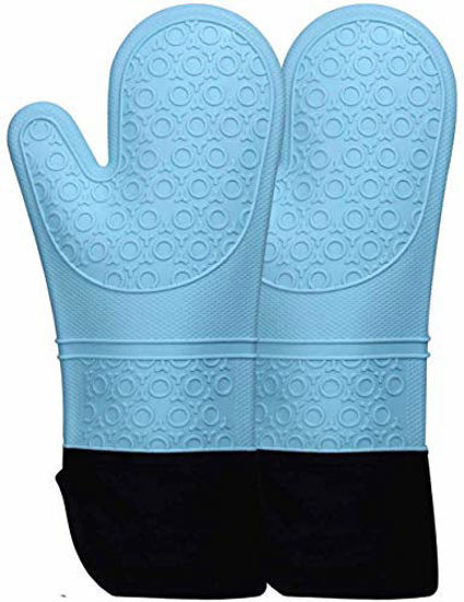 Picture of HOMWE Extra Long Professional Silicone Oven Mitt, Oven Mitts with Quilted Liner, Heat Resistant Pot Holders, Flexible Oven Gloves, Aqua, 1 Pair, 14.7 Inch