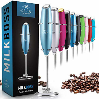 Picture of Zulay Original Milk Frother Handheld Foam Maker for Lattes - Whisk Drink Mixer for Coffee, Mini Foamer for Cappuccino, Frappe, Matcha, Hot Chocolate by Milk Boss (Metallic Ice Blue)