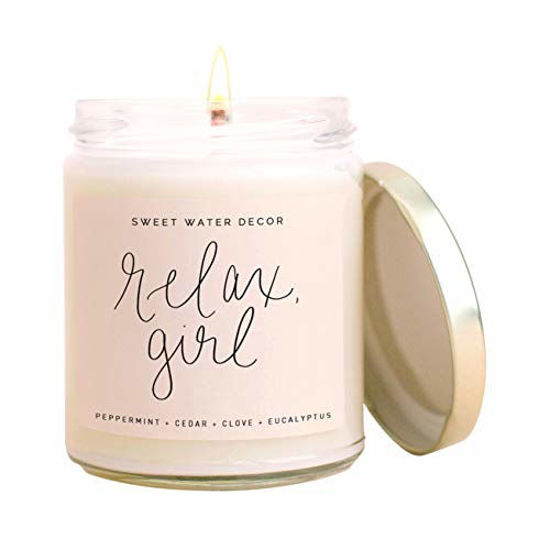Picture of Sweet Water Decor, Relax Girl, Peppermint, Cedar, Clove, and Eucalyptus Scented Soy Wax Candle for Home | 9oz Clear Glass Jar, 40 Hour Burn Time, Made in the USA