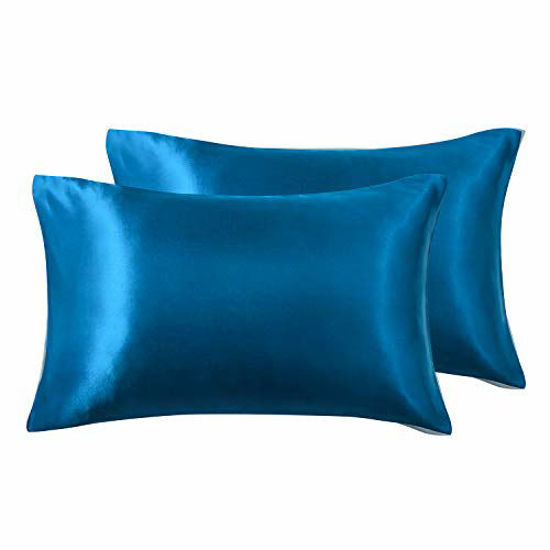 Picture of Love's cabin Silk Satin Pillowcase for Hair and Skin (Teal Blue, 20x26 inches) Slip Pillow Cases Standard Size Set of 2 - Satin Cooling Pillow Covers with Envelope Closure