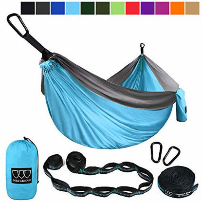 Picture of Gold Armour Camping Hammock - Extra Large Double Parachute Hammock (2 Tree Straps 16 Loops,10 ft Included) USA Brand Lightweight Nylon Mens Womens Kids, Camping Accessories Gear (Sky Blue/Gray)