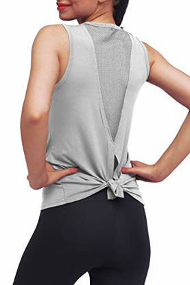 Picture of Mippo Workout Clothes for Women Sexy Open Back Yoga Tops Mesh Tie Back Muscle Tank Workout Shirts Sleeveless Cute Fitness Active Tank Tops Comfort Sports Gym Clothes Fashion 2020 Gray S
