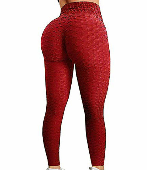 SEASUM Women's Yoga Capris Leggings Butt Lift High Waist Athletic Runnning  Pants Textured Workout Tights Red XL 