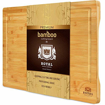 Picture of Bamboo Cutting Board with Juice Groove - Kitchen Chopping Board for Meat (Butcher Block) Cheese and Vegetables | Heavy Duty Serving Tray w/Handles (Small, 12 x 8")