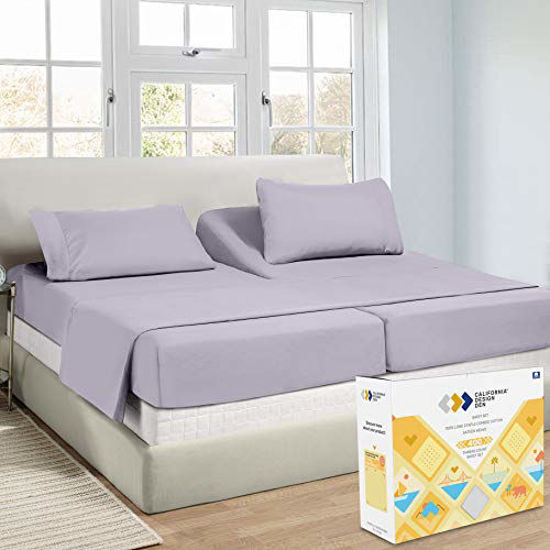 Picture of Lavender Gray Sheets Split-King Size - 400 Thread Count 100% Natural Cotton, Sateen Weave Breathable 5 Piece Set, Elasticized Deep Pocket Fits Low Profile Foam and Tall Mattresses