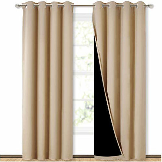 Picture of NICETOWN Thermal Insulated 100% Blackout Curtains, Noise Reducing Performance Drapes with Black Lining, Full Light Blocking Drapery Panels for Patio (Biscotti Beige, 1 Pair, 52 inches x 95 inches)