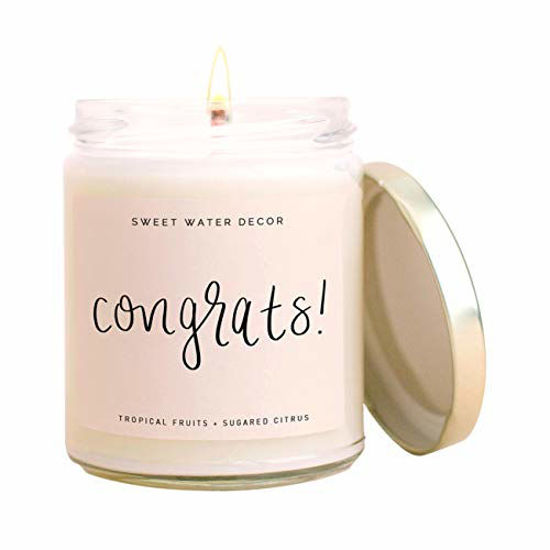 Picture of Sweet Water Decor, Congrats! Tropical Fruits and Sugared Citrus Island Scented Soy Wax Candle for Home | 9oz Clear Glass Jar, 40 Hour Burn Time, Made in the USA