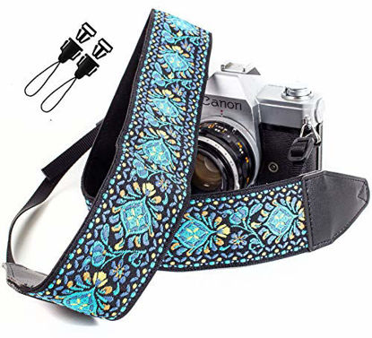 Picture of Blue Woven Vintage Camera Strap for All DSLR Camera. Embroidered Elegant Universal Neck & Shoulder Strap, Floral Pattern Stocking Stuffer for Men & Women Photographers