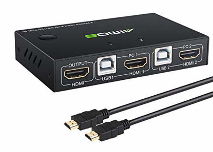 Picture of KVM Switch HDMI 2 Port Box, Share 2 Computers with one Keyboard Mouse and one HD Monitor, Support Wireless Keyboard and Mouse Connections, HUD 4K (3840x2160) Supported