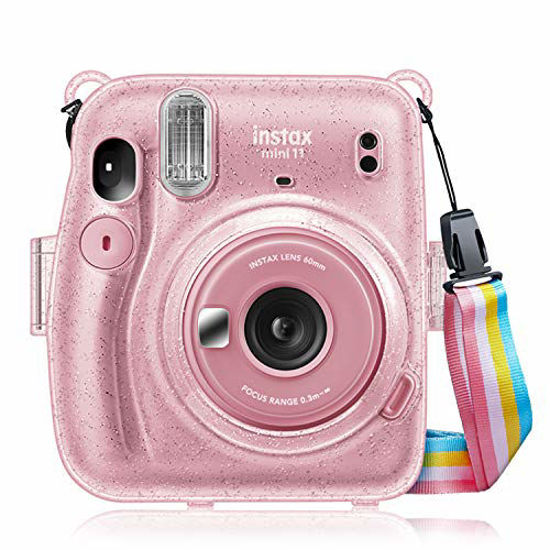 Picture of Fintie Protective Clear Case for Fujifilm Instax Mini 11 Instant Film Camera - Crystal Hard PVC Cover with Removable Rainbow Shoulder Strap, Glittering Pink