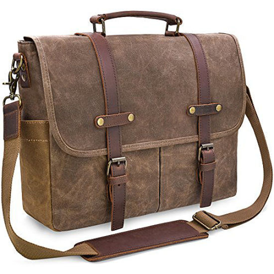 Picture of Mens Messenger Bag 15.6 Inch Waterproof Vintage Genuine Leather Waxed Canvas Briefcase Large Satchel Shoulder Bag Rugged Leather Computer Laptop Bag, Brown