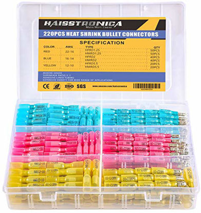 Picture of Haisstronica 220PCS Heat Shrink Bullet Connectors-Heat Shrink Spade Connectors-Quick Disconnect Connectors -Female and Male Electrical Terminlas,Crimp Automotive Electrical Bullet Connectors
