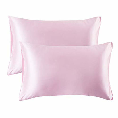 Picture of Bedsure Satin King Size Pillow Cases Set of 2 , Pink, 20x40 inches - Pillowcase for Hair and Skin - Satin Pillow Covers with Envelope Closure