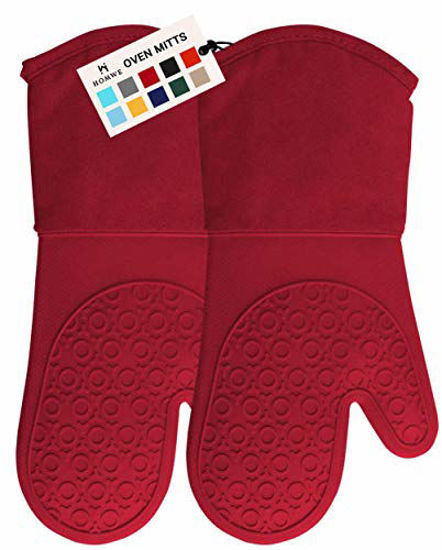 Picture of HOMWE Professional Silicone Oven Mitt, Oven Mitts with Quilted Liner, Heat Resistant Pot Holders, Flexible Oven Gloves, 1 Pair, 13.7 Inch, Empire Red