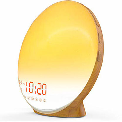Picture of Wake Up Light Sunrise Alarm Clock for Kids, Heavy Sleepers, Bedroom, with Sunrise Simulation, Sleep Aid, Dual Alarms, FM Radio, Snooze, Nightlight, Daylight, 7 Colors, 7 Natural Sounds, Wood Color