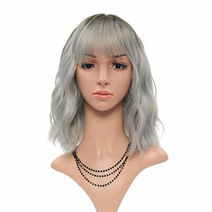 Picture of FAELBATY Wavy Wig Short Bob Wigs With Air Bangs 14 Inch Women's Short Wig Curly Wavy Synthetic Cosplay Wig for Girl Costume Wigs Dark Root ombre grey