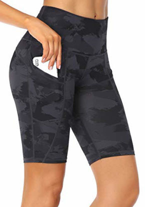 Picture of Oalka Women's Short Yoga Side Pockets High Waist Workout Running Shorts Camo Charcoal Splinter Small