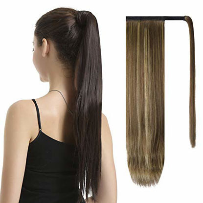 Picture of BARSDAR 26 inch Ponytail Extension Long Straight Wrap Around Clip in Synthetic Fiber Hair for Women - Blonde & Medium Brown