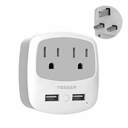 Picture of UK Ireland Scotland Power Adapter Plug, TESSAN Type G Travel Adaptor with 2 USB Charger Ports 2 American Outlets, US to London England British Hong Kong Irish Kenya Dubai Wall Adapter