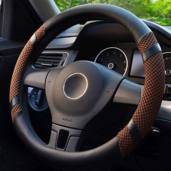 Picture of Steering Wheel Cover, Microfiber Leather and Viscose, Breathable, Anti-Slip, Odorless, Warm in Winter and Cool in Summer, Universal 15 Inches (Brown)