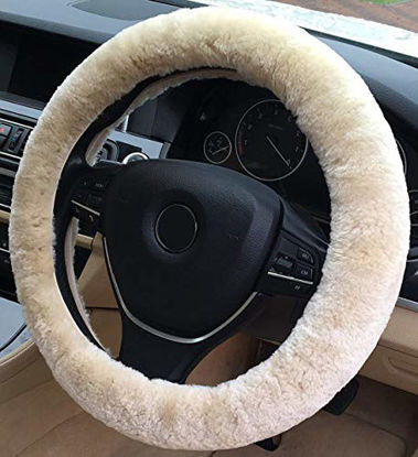 Picture of ANDALUS Car Steering Wheel Cover, Fluffy Pure Australia Sheepskin Wool, Universal 15 inch (Pearl)