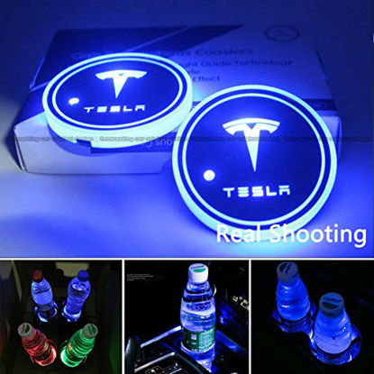 Picture of License plate frameX 2pcs fit Tesla LED Car Cup Holder Lights,7 Colors Changing USB Charging Mat Luminescent Cup Pad,Tesla LED Interior Atmosphere Lamp