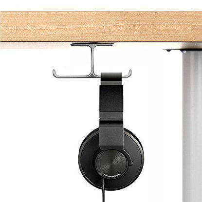 Picture of Headset Mount, 6amLifestyle Headphone Holder Aluminum Under Desk Dual Headphones Stand Hanger Stick-On Hooks Universal for All Headsets, Gray (Patented)