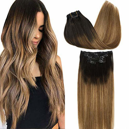 Picture of GOO GOO Remy Hair Extensions Clip in Human Hair Extensions Ombre Dark Brown Fading to Chestnut Brown and Dirty Blonde Ombre Clip in Extensions Balayage Hair Extensions 7pcs 120g 24 inch