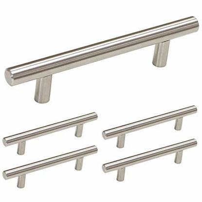 Picture of homdiy Brushed Nickel Cabinet Pulls 5 Pack 3.5in Hole Center T Bar Cabinet Handles - HD201SN Modern Cabinet Hardware Pulls Brushed Nickel Kitchen Drawer Pulls for Bathroom, Closet, Wardrobe