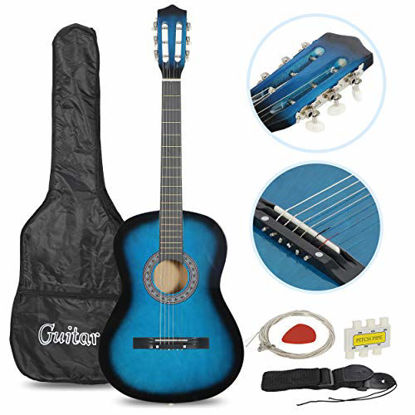 Picture of Smartxchoices Acoustic Guitar for Starter Beginner Music Lovers Kids Gift 38" 6-String Folk Beginners Acoustic Guitar With Gig bag, Strap, Pitch Pipe and Pick (Blue)