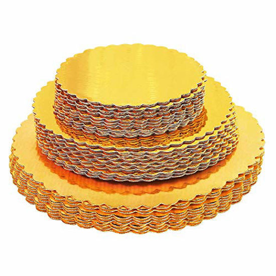 Picture of 30-Pack Cake Board Rounds, Circle Cardboard Base Boards, 8, 10 and 12-Inch. Perfect for Cake Decorating, 10 of Each Size (Gold, 30)