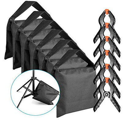 Picture of Neewer 6-Pack Heavy Duty Sandbag (Black) for Photo Studio Light Stands Boom Arms with 6-Pack Muslin Backdrop Spring Clamps Clips (Empty Sandbag)