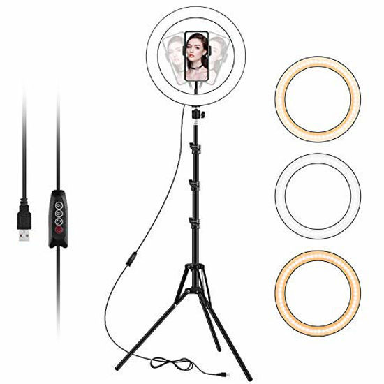 Picture of Ring Light with Stand and Phone Holder, 10 inch Adjustable Circle Light with Extendable Tripod 59", USB Powered Ring Lights for iPhone Selfie, Video Recording, TikTok Streaming, Zoom Meeting