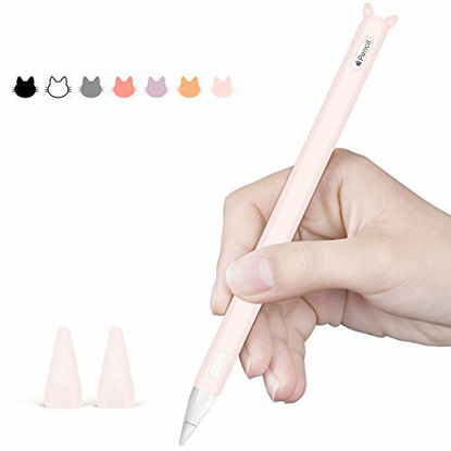 Picture of Silicone Case for Apple Pencil 2nd Generation Holder Sleeve Skin Pocket Cover Accessories Kit for iPad Pro 11 12.9 inch 2018, Cute Soft Grip Pouch Cap Holder and 2 Protective Nib Covers(Pink)