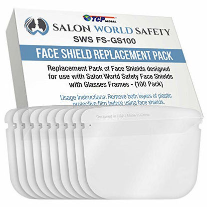 Picture of TCP Global Salon World Safety Replacement Face Shields Only (10 Packs of 10), Glasses Frames Not Included - Fits Most Brands, Ultra Clear, Full Face, Protect Eyes Nose Mouth, Anti-Fog PET Plastic