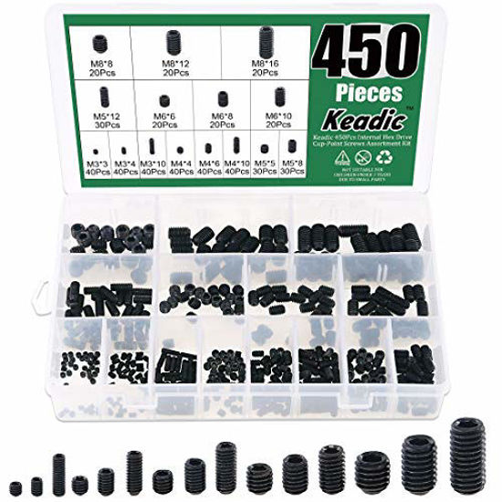 Picture of Keadic 450Pcs Internal Hex Drive Cup-Point Screws Assortment Kit, 15 Sizes M3/4/5/6/8 Set Screw Set for Door Handles, Faucet, Light Fixture, 12.9 Class Alloy Steel (Black)