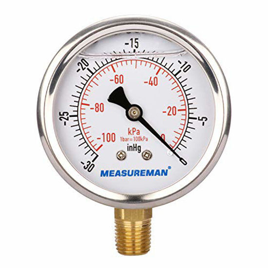 Picture of MEASUREMAN 2-1/2" dial, 1/4"NPT Lower, Glycerin Filled, Stainless Steel case, Brass Inside, 30inHg/-100kpa-0